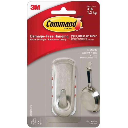 3M Command Damage-Free Hanging Accent Brushed Nickel Hook Medium 1.3kg