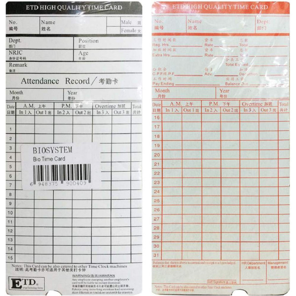 Biosystem Time Card 100'S