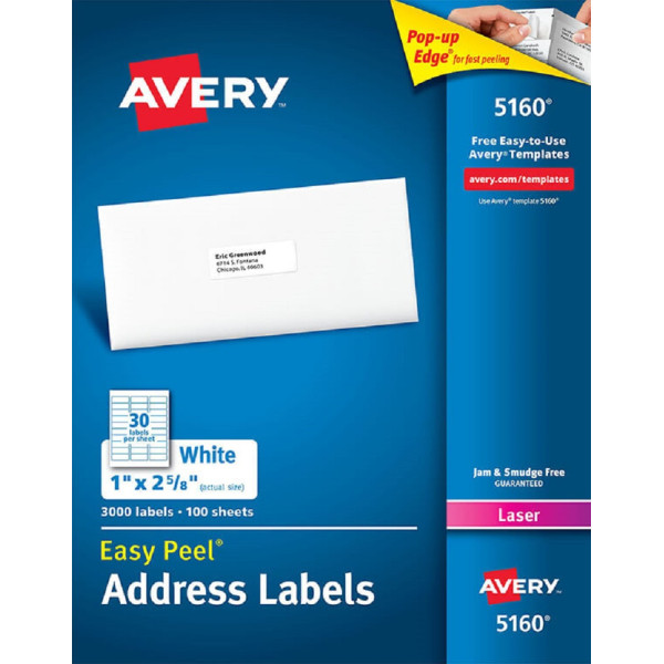 Avery White Easy Peel Labels 3000'S (1" x 2-5/8")