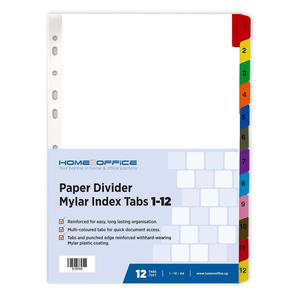 HnO Paper Divider Mylar Index Tabs (1-12) A4 Colour