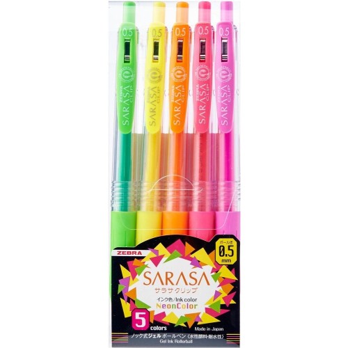 Zebra Sarasa Clip Neon Gel Ink Pen 0.5mm Retractable 5'S